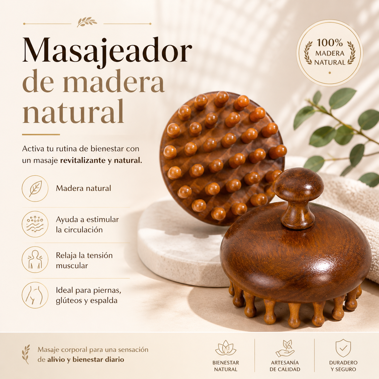 Masajeador corporal de madera natural